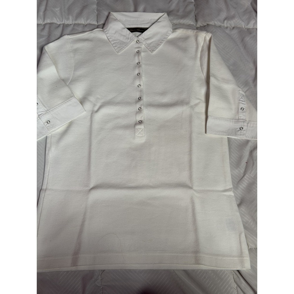 Eddie Bauer Women's White Polo Shirt Size S 3/4 Sleeve Stretch Cotton A1-0029